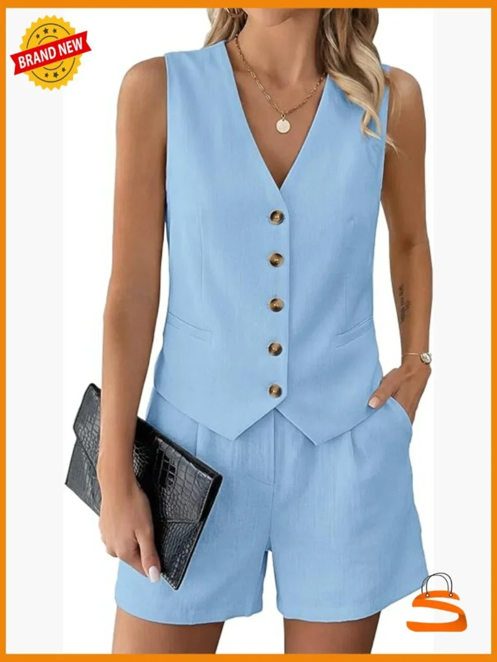 2 Piece Short Set: Button Down Vest Top & Shorts with Pockets, Matching Summer